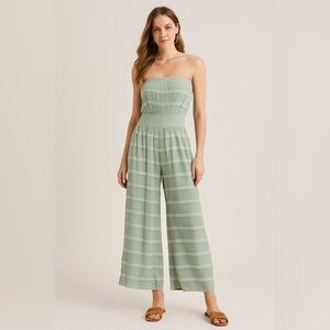 Young Fabulous & Broke Sage Green Strapless Smocked Wide Leg Jumpsuit Small YFB